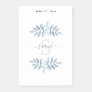 Notas Post-it® Monograma floral de color azul