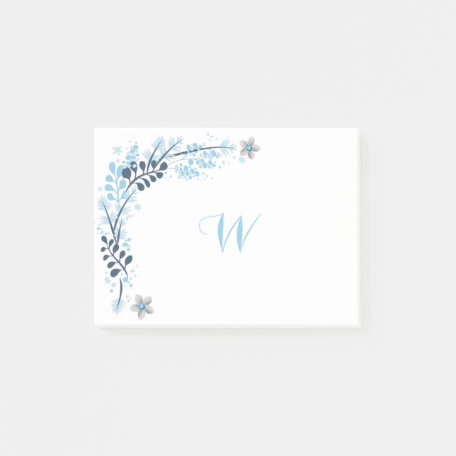 Notas Post-it® Monograma floral de invierno azul (Anverso)