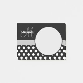 Notas Post-it® Monograma gris Punto de Polka Blanco Negro