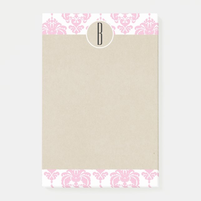 Notas Post-it® Monograma inicial de Damask Kraft de vidrio blanco (Anverso)