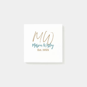 Notas Post-it® Monograma marrón azul turquesa año est.simple mini