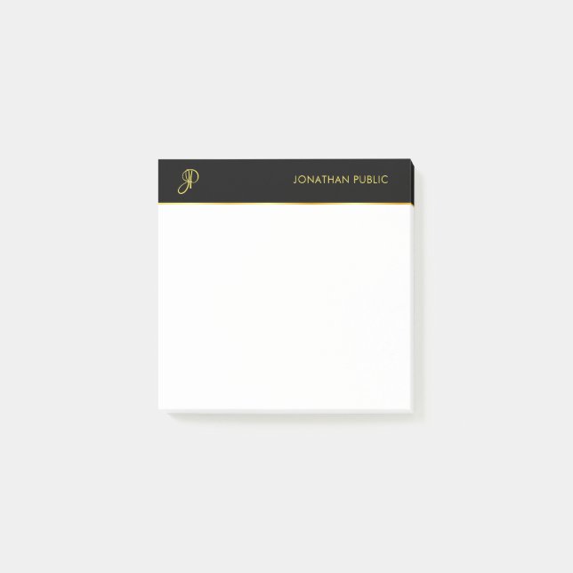Notas Post-it® Monograma moderno elegante blanco dorado negro (Anverso)