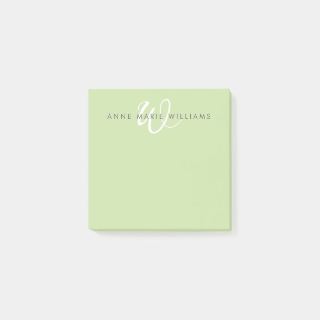 Notas Post-it® Monograma moderno en guión blanco verde claro (Anverso)