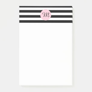 Notas Post-it® Monograma negro y blanco con rayas rosadas