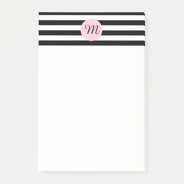 Notas Post-it® Monograma negro y blanco con rayas rosadas (Anverso)