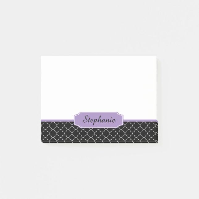 Notas Post-it® Monograma negro y púrpura de Quatrefoil (Anverso)
