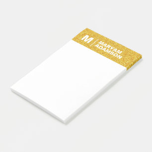 Notas Post-it® Monograma Nombre dorado blanco, moderno elegante