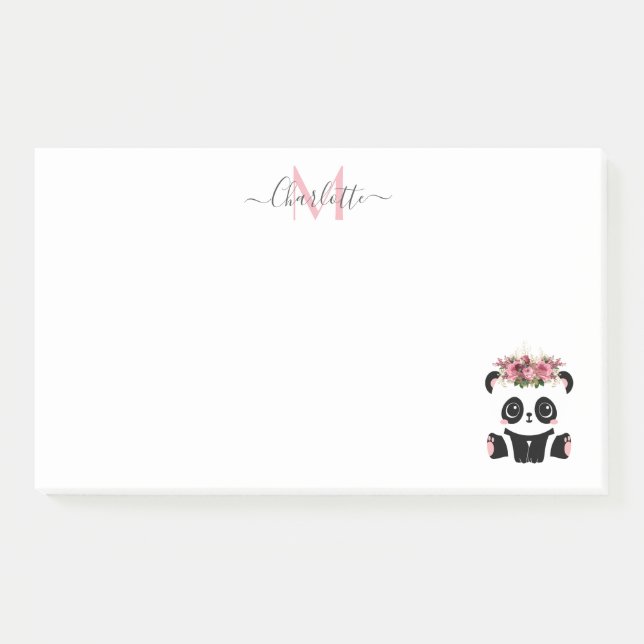 Notas Post-it® Monograma personalizado de oso panda con flores (Anverso)