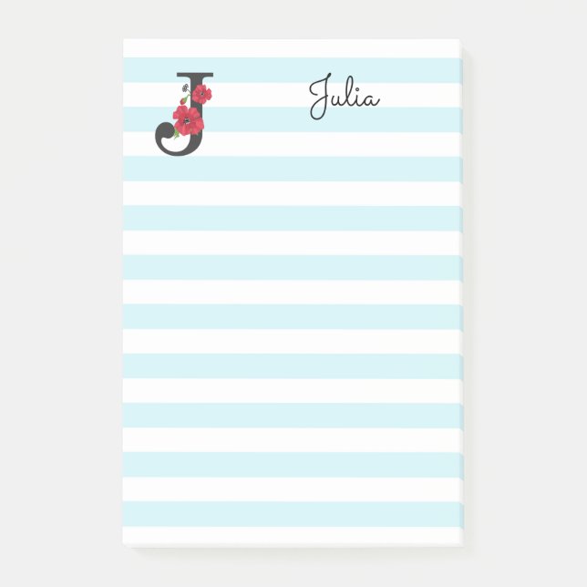 Notas Post-it® Monograma personalizado editable J texto flor roja (Anverso)