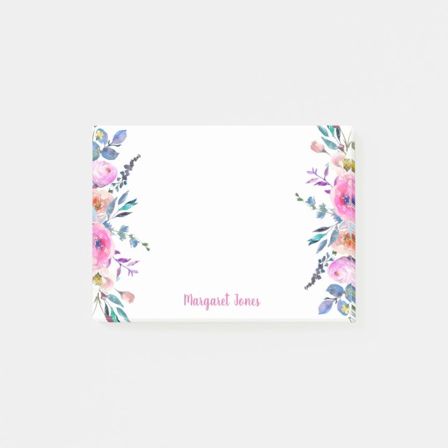 Notas Post-it® Monograma personalizado Floral azul rosado (Anverso)