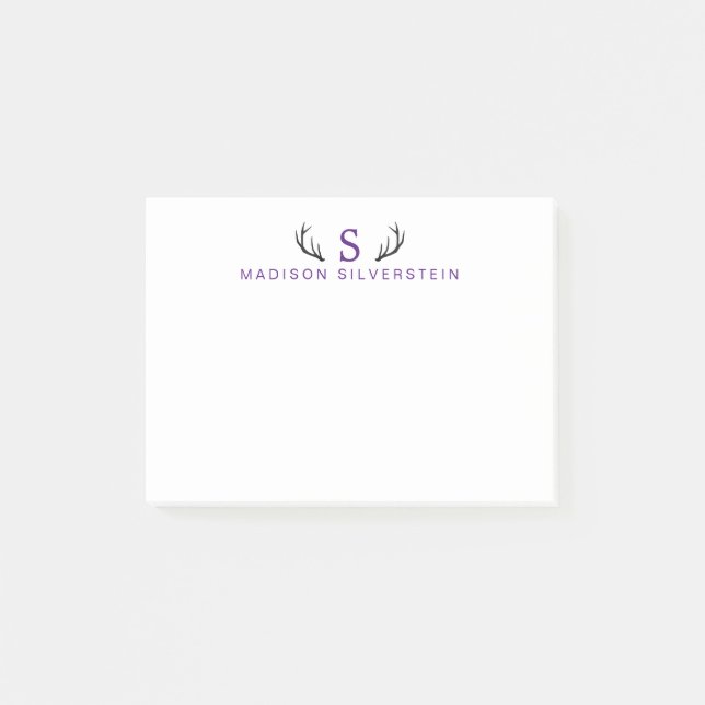 Notas Post-it® Monograma púrpura de Deer Antlers Clásico (Anverso)