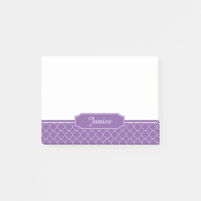 Notas Post-it® Monograma púrpura y blanco de Quatrefoil (Anverso)