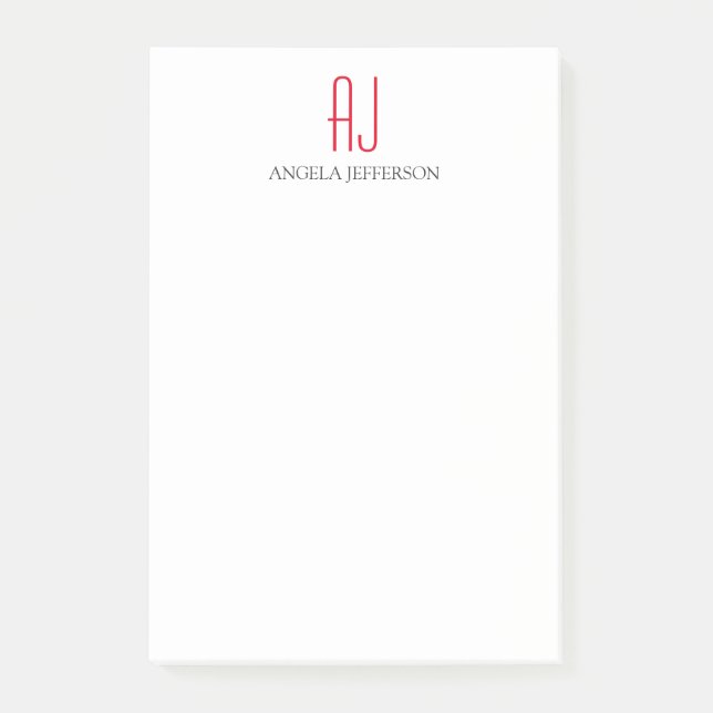 Notas Post-it® Monograma rojo blanco simple y simple moderno (Anverso)