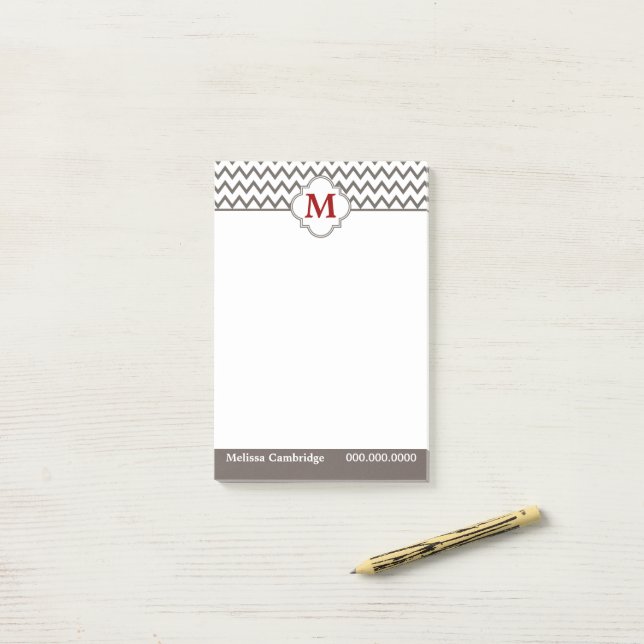 Notas Post-it® Monograma rojo de chevron gris personalizado (Escritorio)