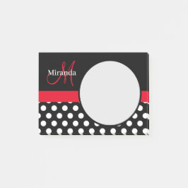 Notas Post-it® Monograma rojo Punto de Polka Blanco Negro