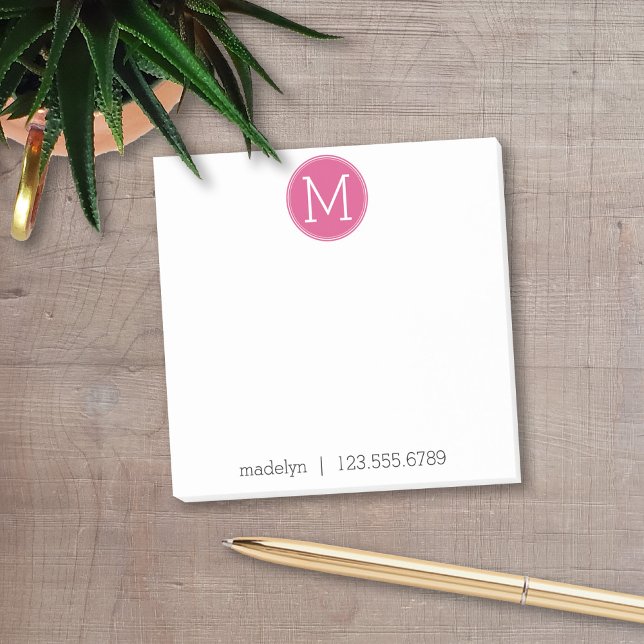 Notas Post-it® Monograma rosa caliente con nombre y número de con (Add your monogram to these personalized post-it notes with social media contact info.)