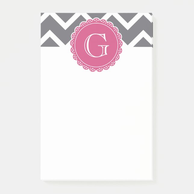 Notas Post-it® Monograma rosa de Chevron gris (Anverso)