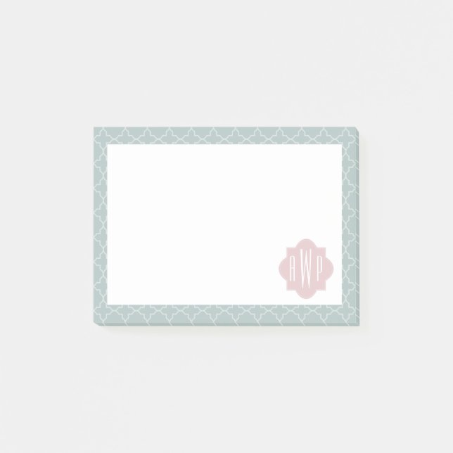 Notas Post-it® Monograma rosado y verde de Quatrefoil (Anverso)