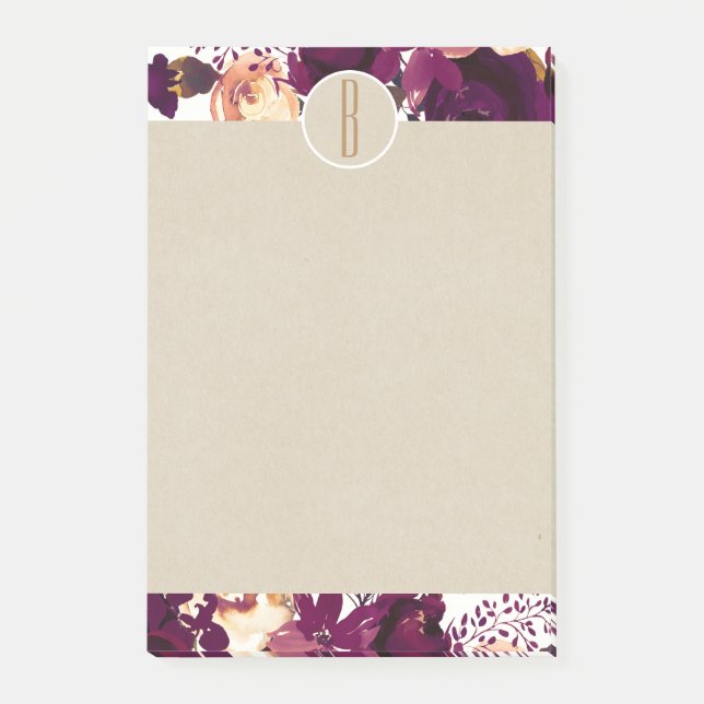 Notas Post-it® Monograma Rústico Boho Bordeaux Marsala Kraft Flor (Anverso)