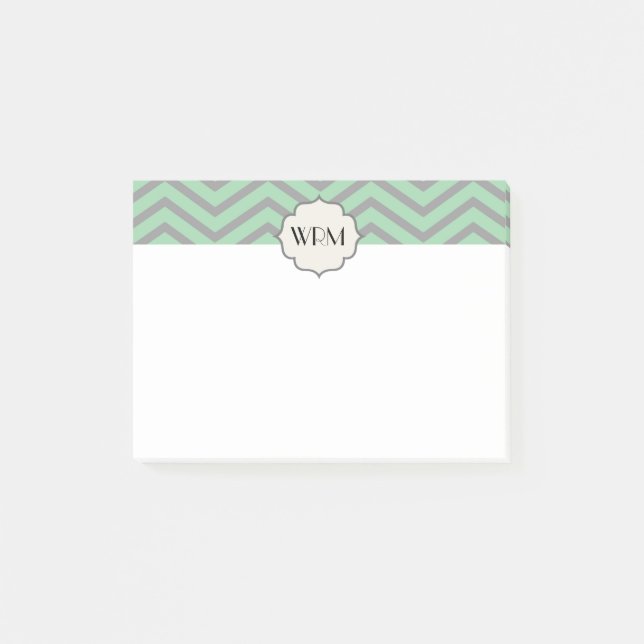 Notas Post-it® Monogramado de Mint Green Grey Chevron (Anverso)