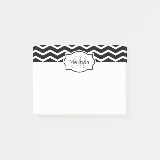 Notas Post-it® Monogramado de nombre de chevron blanco y negro (Anverso)