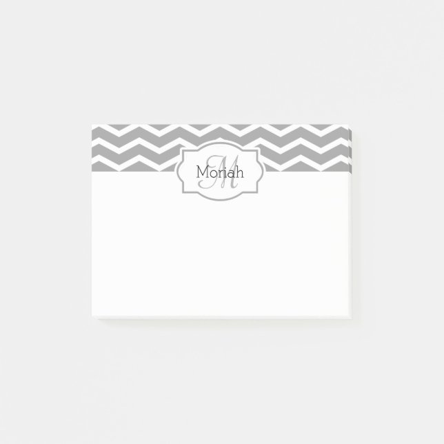 Notas Post-it® Monogramado el nombre del Chevron gris y blanco (Anverso)