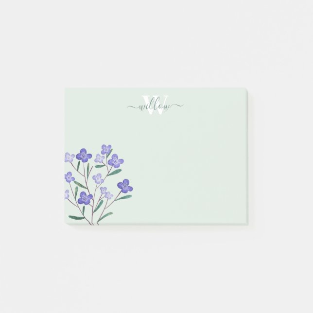 Notas Post-it® Morado verde acuarela Flores Monograma (Anverso)