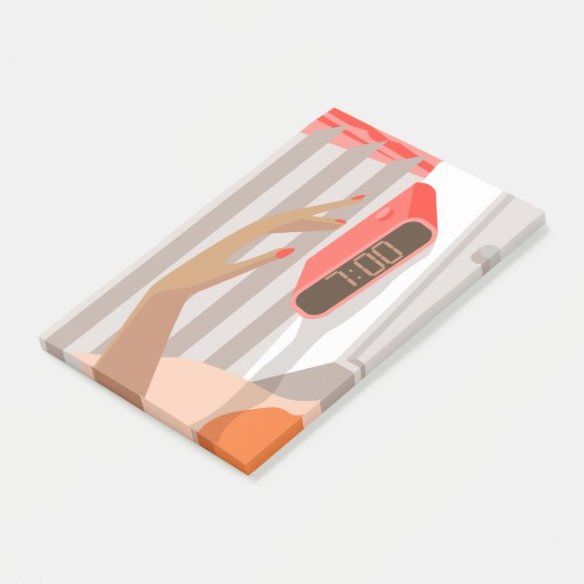 Notas Post-it® Mujeres presionando con la mano el botón de snooze (En perspectiva)