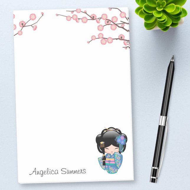 Notas Post-it® Muñeca Keiko Kokeshi - Chica de Kimono azul Geisha (Subido por el creador)