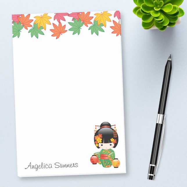 Notas Post-it® Muñeca Kokeshi Caída - Chica de Kimono Verde Geish (Subido por el creador)