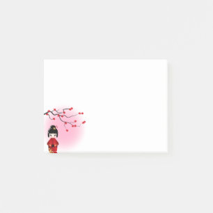 Notas Post-it® muñeca kokeshi japonesa en flores de sakura
