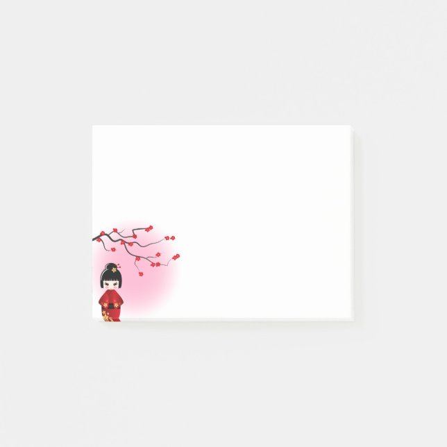 Notas Post-it® muñeca kokeshi japonesa en flores de sakura (Anverso)