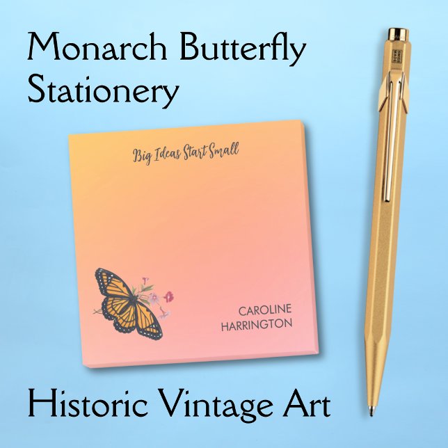 Notas Post-it® Naranja Monarch Mariposa Oro Amanecer Inspirador (These elegant Post-It notes feature a Victorian butterfly against a golden sunrise.)