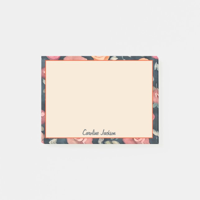 Notas Post-it® Naranja y acuarela rosa floral personalizada (Anverso)