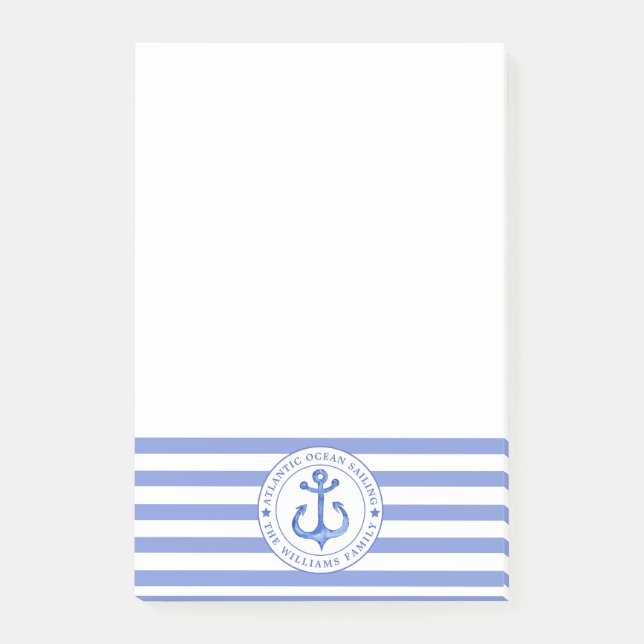 Notas Post-it® Nautical Anchor Navy Blue Striped Personalizado (Anverso)