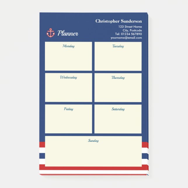 Notas Post-it® Nautical Marine Navy Blue Red White Stripes (Anverso)