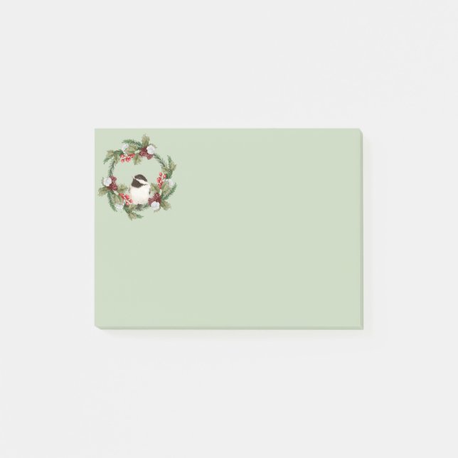 Notas Post-it® Navidades acuáticos Chickadee Bird Holly Wreath (Anverso)