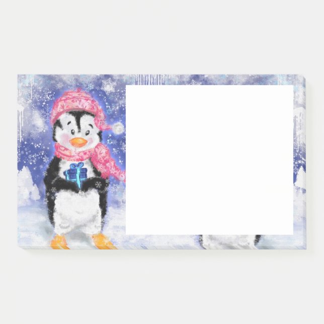 Notas Post-it® Navidades billetes pegajosos con regalo de pingüin (Anverso)