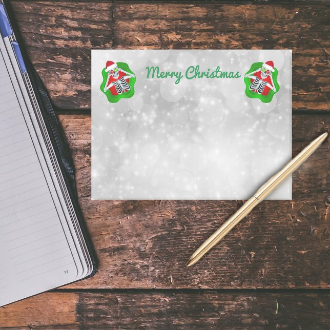 Notas Post-it® Navidades Esqueletos Verdes Rojos Plantas Blancas (Merry christmas fun skeletons on white circles on pad of post it notes.)