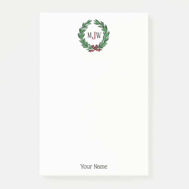 Notas Post-it® Navidades festivos Xmas Holly Wreath Monograma (Anverso)