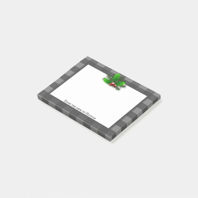 Notas Post-it® Navidades Holly Buffalo Plaid Personalizado (En perspectiva)