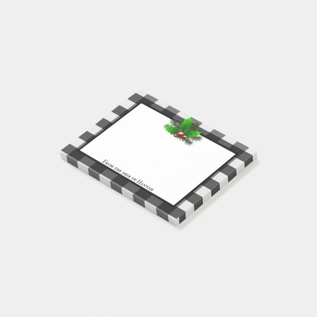 Notas Post-it® Navidades Holly Buffalo Plaid Personalizado (En perspectiva)