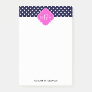 Notas Post-it® Navy Blanco Lunares Rosa Caliente Cuatrefoil Monog