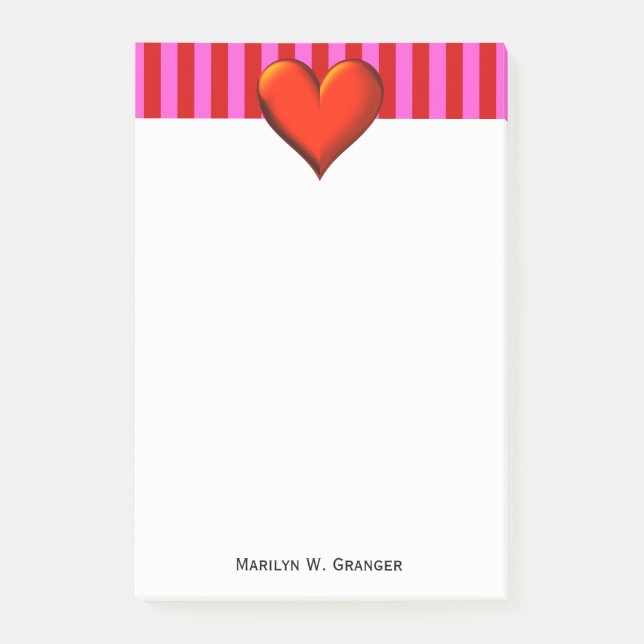 Notas Post-it® Negrita rosa caliente, franjas rojas, corazón metá (Anverso)