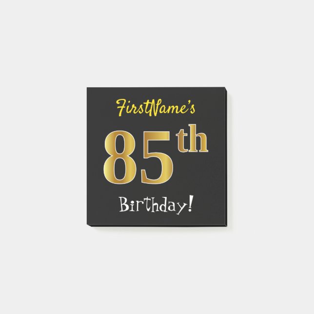 Notas Post-it® Negro, Dorado Falso Cumpleaños 85, Con Nombre Pers (Anverso)