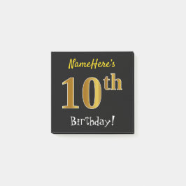 Notas Post-it® Negro, Faux Gold 10 cumpleaños, con nombre persona