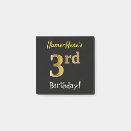 Notas Post-it® Negro, Faux Gold 3º cumpleaños, con nombre persona
