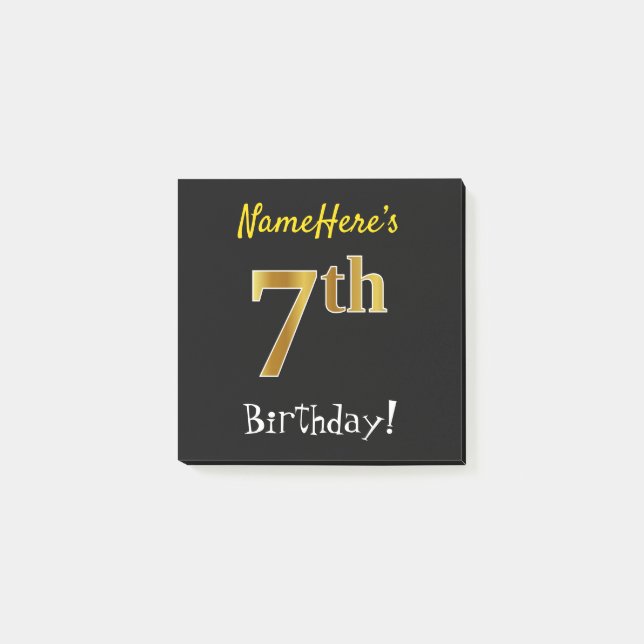 Notas Post-it® Negro, Faux Gold 7Cumpleaños, Con Nombre Personali (Anverso)