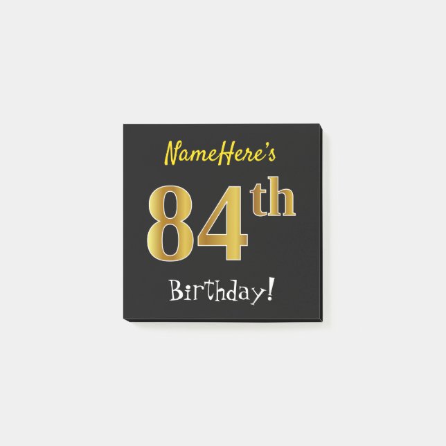 Notas Post-it® Negro, Faux Gold 84th Birthday, con nombre persona (Anverso)