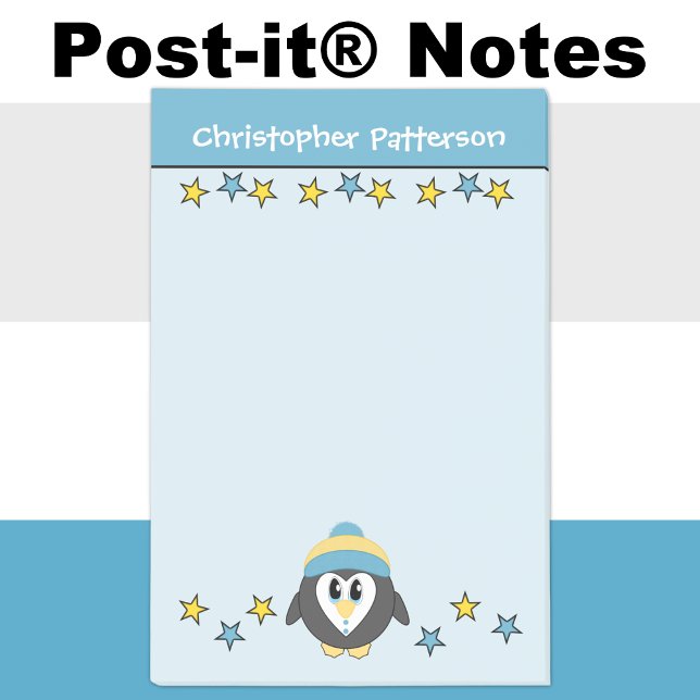 Notas Post-it® Nombre de estrellas de pingüinos lindos niños azul (Subido por el creador)